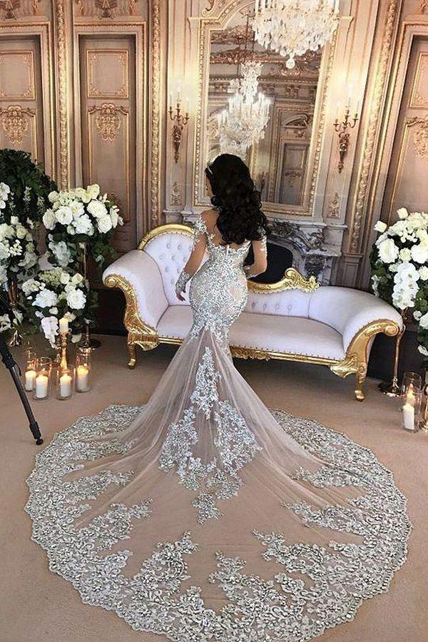 Long Sleeves Tulle High Neck Appliques Lace Wedding Dresses with Detachable Overskirt (ZD15976) - View 2 | VelvetHem