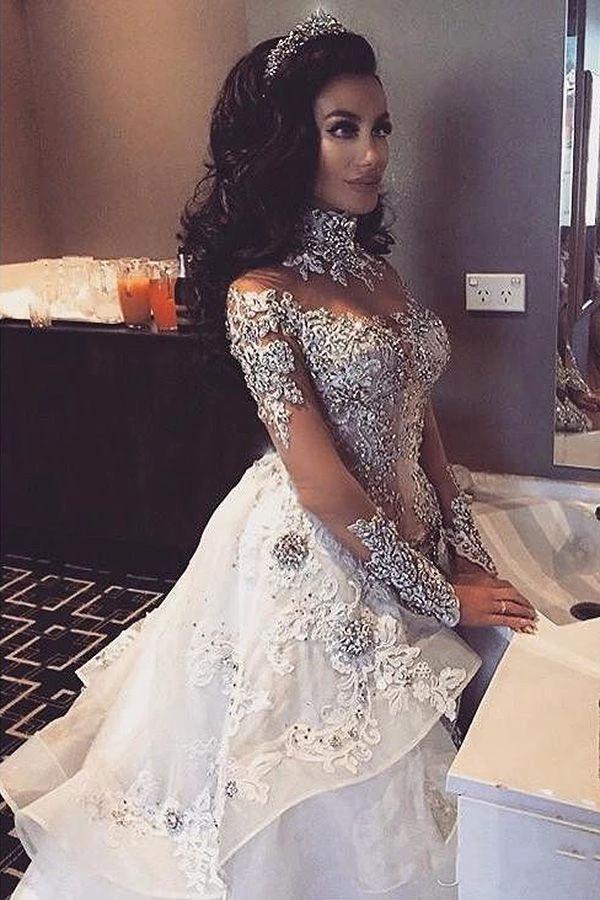 Long Sleeves Tulle High Neck Appliques Lace Wedding Dresses with Detachable Overskirt (ZD15976) - View 3 | VelvetHem