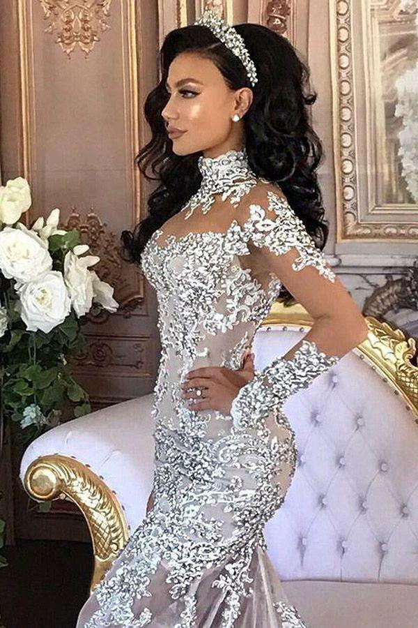 Long Sleeves Tulle High Neck Appliques Lace Wedding Dresses with Detachable Overskirt (ZD15976) - View 4 | VelvetHem