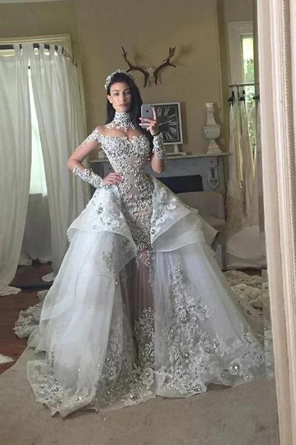 Long Sleeves Tulle High Neck Appliques Lace Wedding Dresses with Detachable Overskirt (ZD15976) - View 5 | VelvetHem