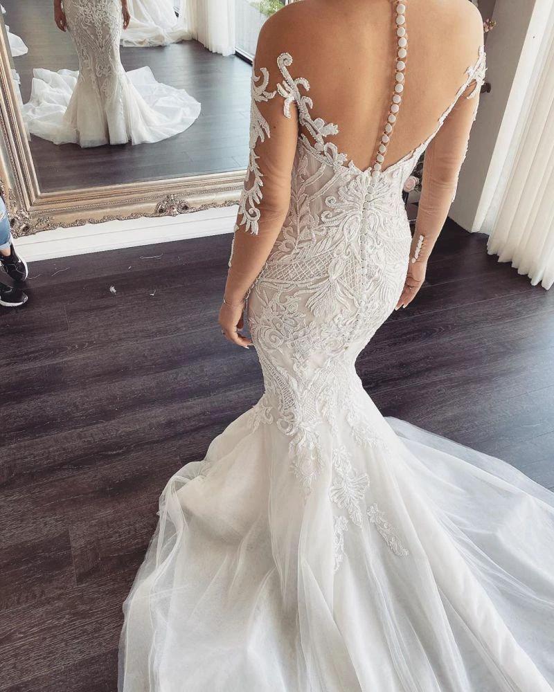 Long Sleeves V-Neck Lace Mermaid Wedding Dress On Sale (ZD13813)