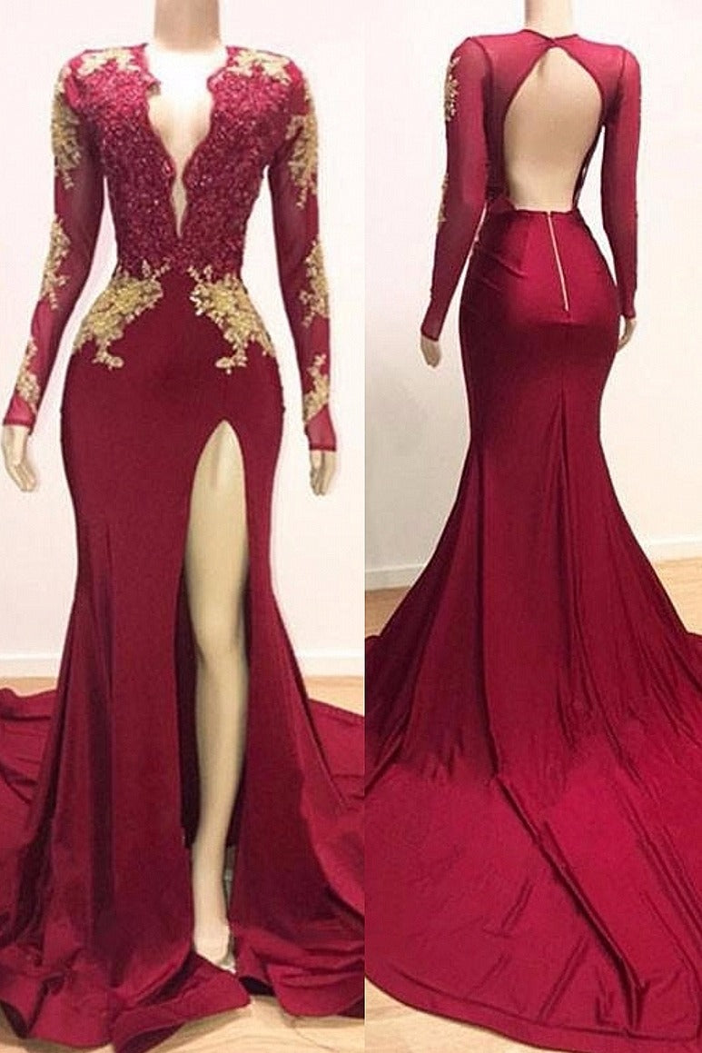 Long Sleeves V-Neck Mermaid Prom Dress Red Sequins Long Chiffon