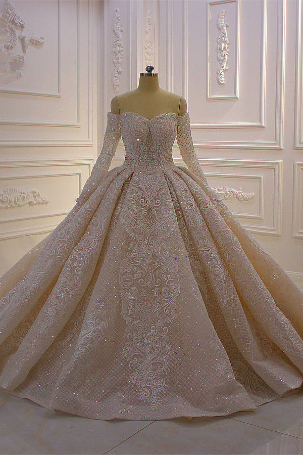 Long Sleevess Ball Gown Off-the-Shoulder Sequins Wedding Dress