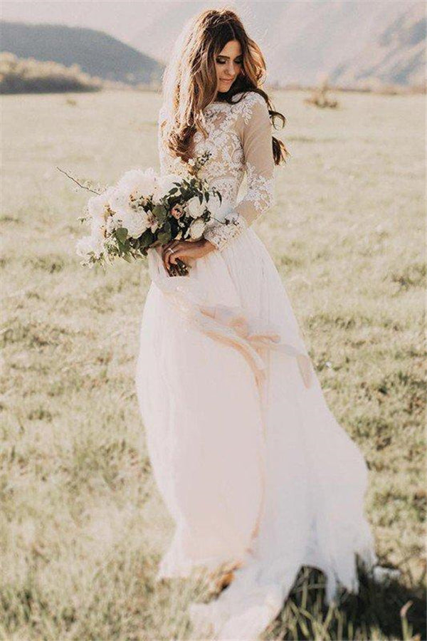 Long Sleevess Floor-Length Applique Tulle A-Line Scoop Wedding Dresses
