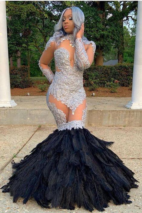 Long Sleevess Lace Appliques Illusion Fur Train Mermaid Silver Prom Dresses