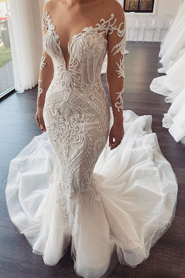 Long Sleevess V-Neck Lace Mermaid white Wedding Dresses Online