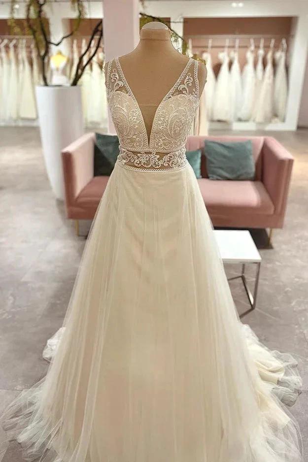 Long Sweetheart A-Line Tulle Appliques Lace Wedding Dress (ZD15223)