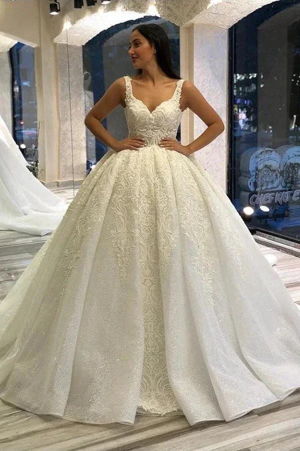 Long Sweetheart Backless Appliques Lace Sequins Ball Gown Wedding Dress (ZD15100) - VelvetHem