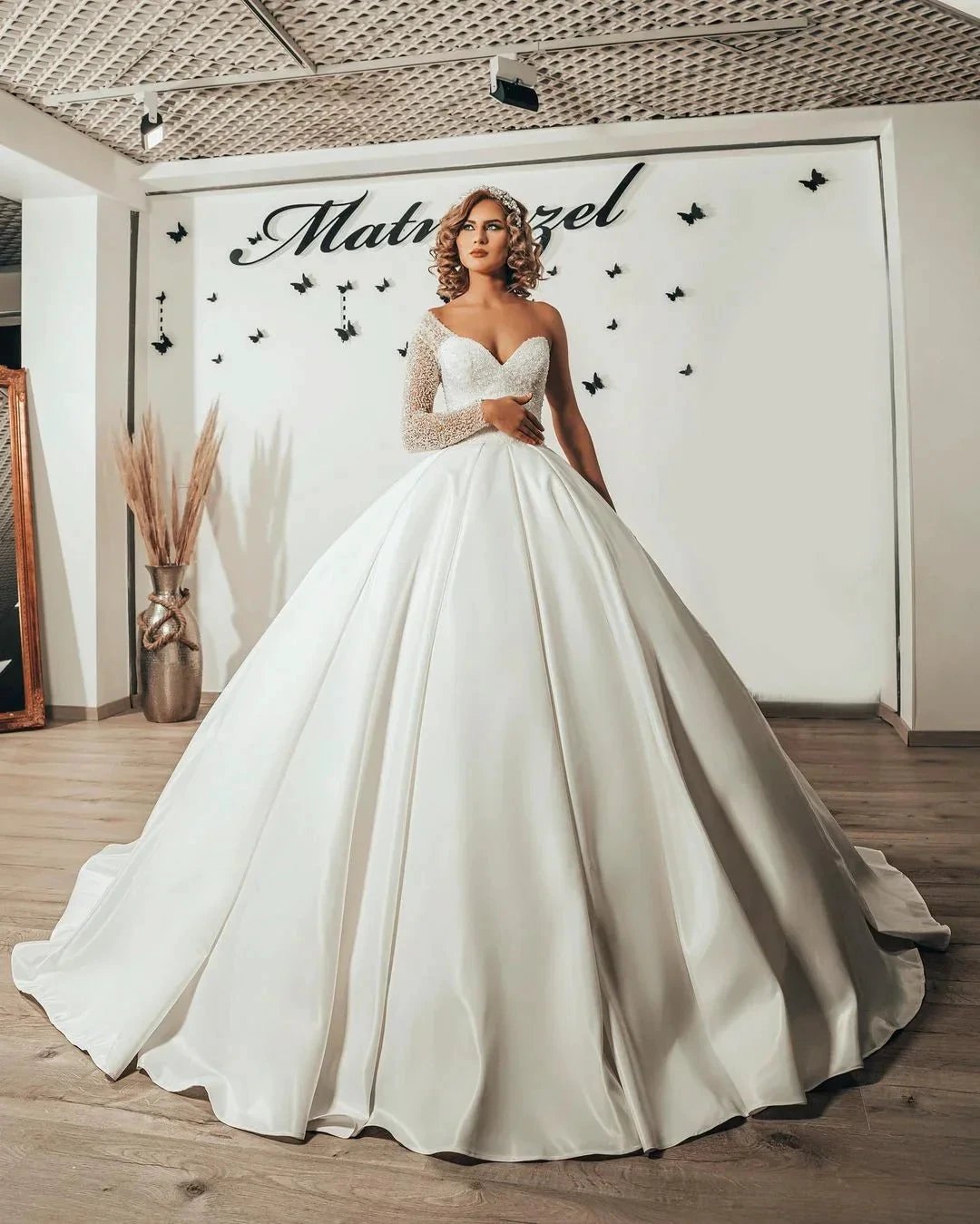 Long Sweetheart Satin Ruffles Ball Gown Wedding Dress with Sleeves (ZD15077) - View 4 | VelvetHem