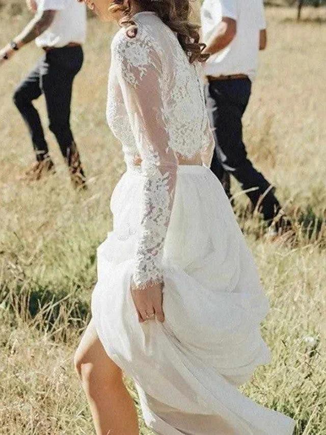 Long Two Piece A-Line Jewel Neck Lace Chiffon Wedding Dresses with Sleeves (ZD15962)