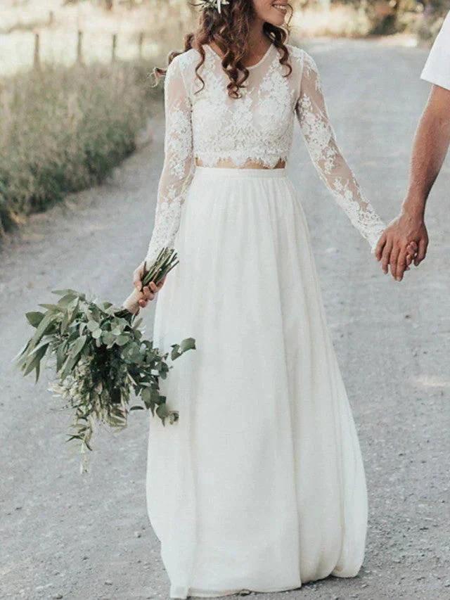 Long Two Piece A-Line Jewel Neck Lace Chiffon Wedding Dresses with Sleeves (ZD15962)