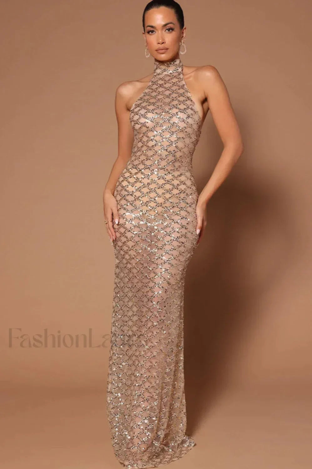 Lunia Sequin Stylish Backless Maxi Dress S / Champagne