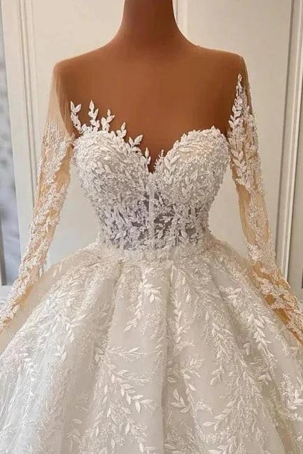 Luxurious A-line Long Sleeve Lace Ball Gown Princess Wedding Dresses (ZD14591) - View 2 | VelvetHem