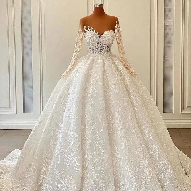 Luxurious A-line Long Sleeve Lace Ball Gown Princess Wedding Dresses (ZD14591)