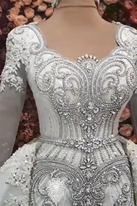 Luxurious A-line Long Sleeves Beading Wedding Dress With Train (ZD14642)