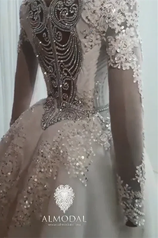 Luxurious A-line Long Sleeves Beading Wedding Dress With Train (ZD14642) - View 3 | VelvetHem