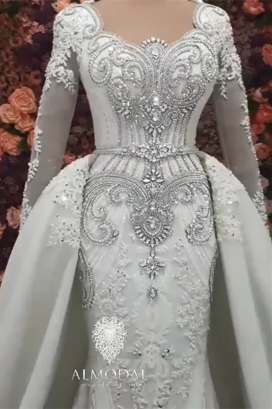 Luxurious A-line Long Sleeves Beading Wedding Dress With Train (ZD14642)