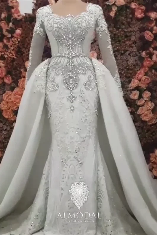 Luxurious A-line Long Sleeves Beading Wedding Dress With Train (ZD14642)