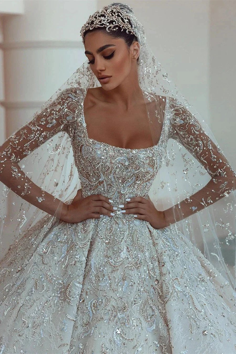 Luxurious A-line Long Sleeves Lace Wedding Dress With Train (ZD14646) - View 3 | VelvetHem