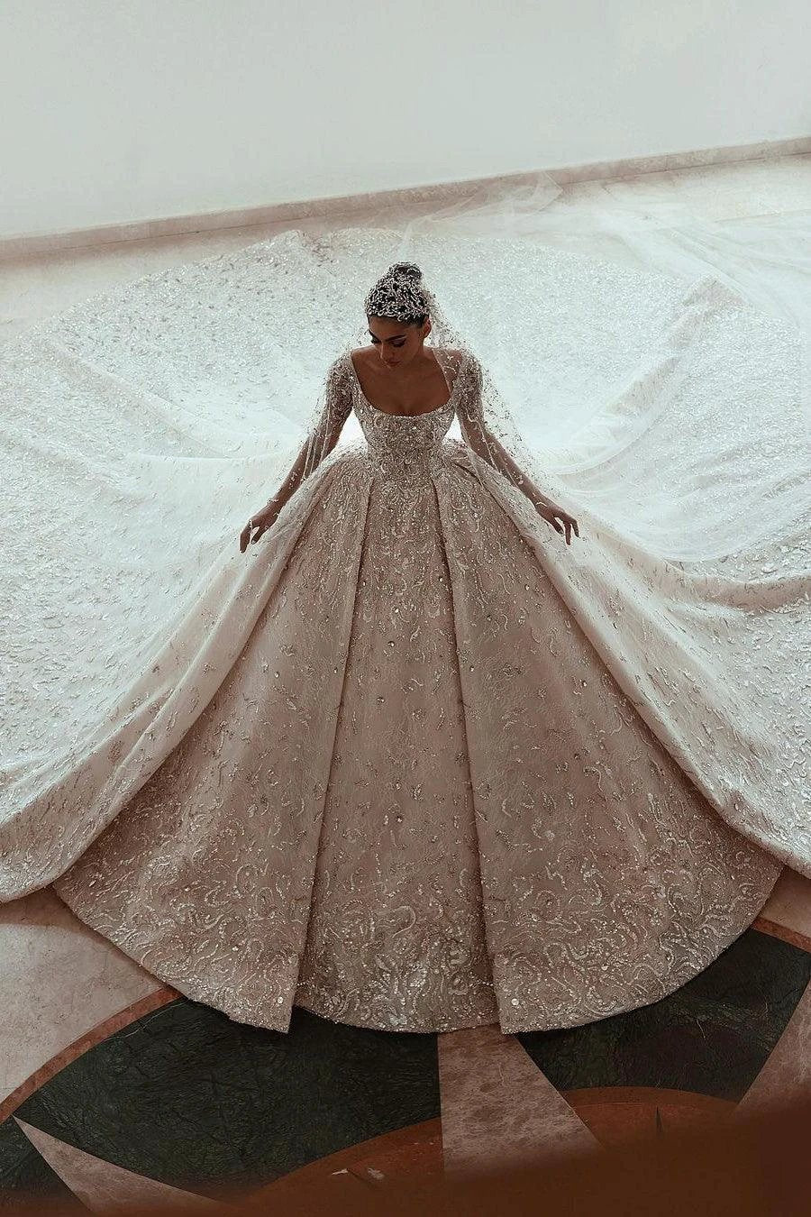 Luxurious A-line Long Sleeves Lace Wedding Dress With Train (ZD14646)