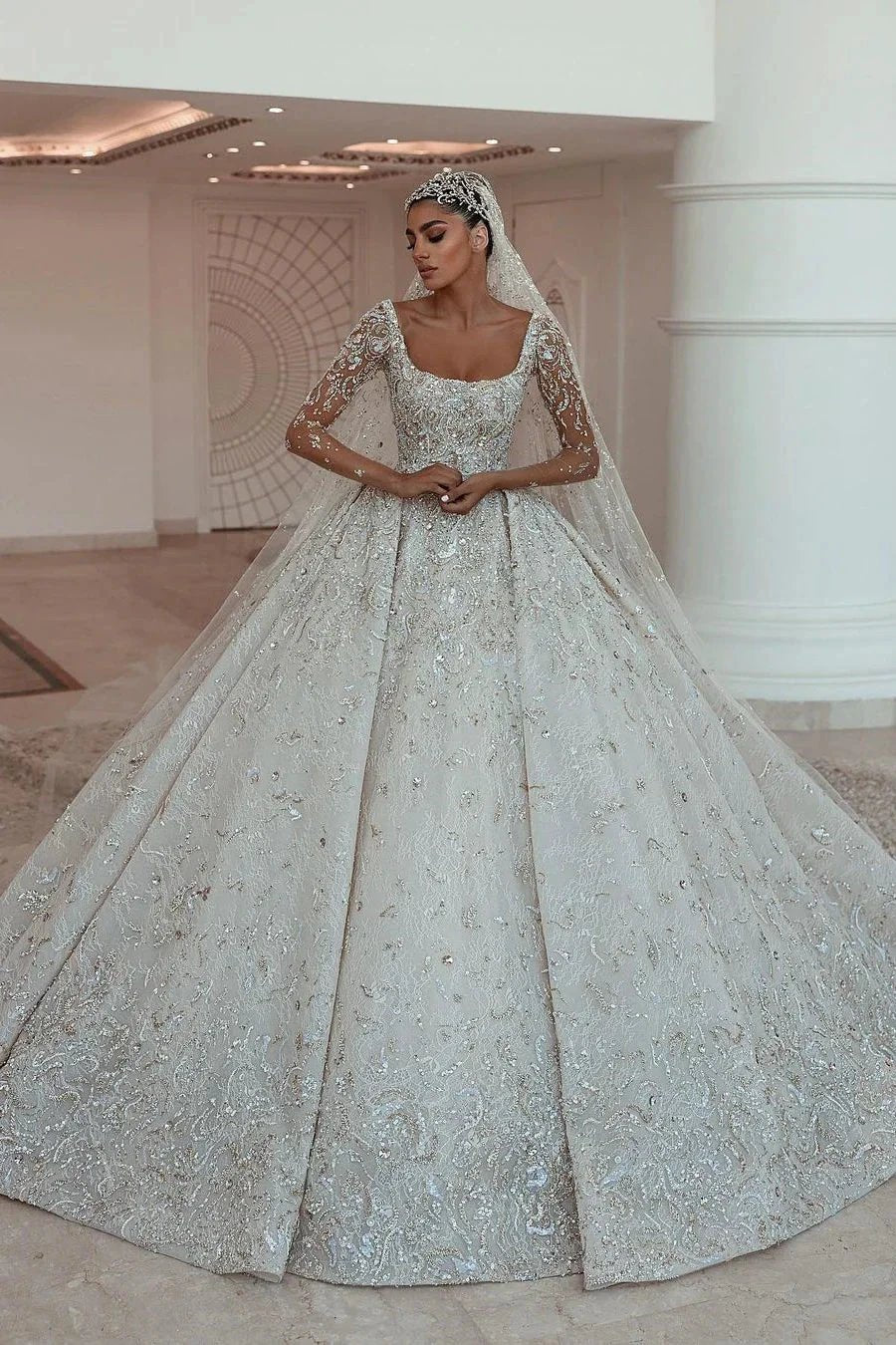 Luxurious A-line Long Sleeves Lace Wedding Dress With Train (ZD14646) - VelvetHem