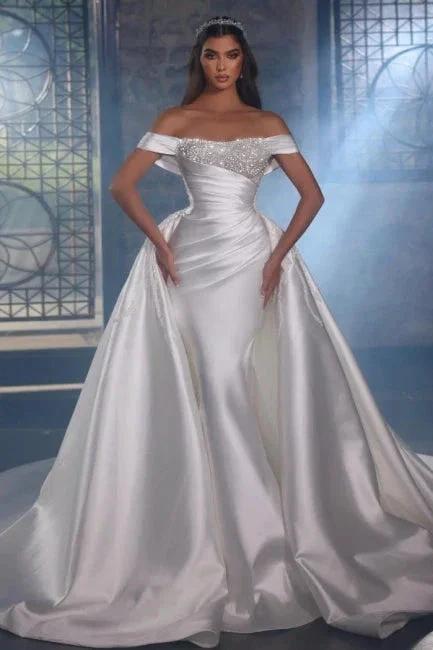 Luxurious A-line Satin Off-the-shoulder Beading Sleeveless Wedding Dresses With Glitter (ZD14974)