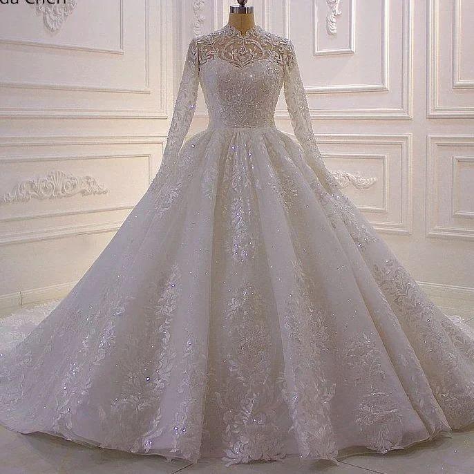 Luxurious High Neck A-line Lace Sequined Wedding Dress With Long Sleeves (ZD14537)
