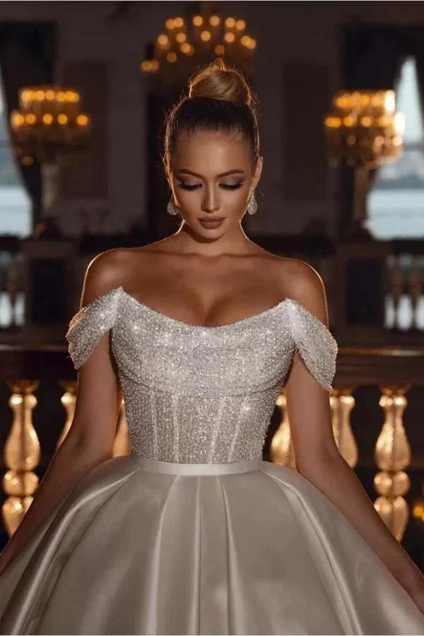 Luxurious Long Ball Gown Off The Shoulder Sparkly Sequins Satin Wedding Dress (ZD16729)