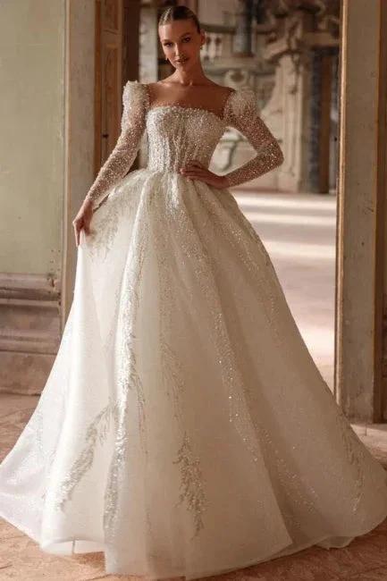 Luxurious Long Ivory A-line Square Neck Lace Beading Wedding Dress with Long Sleeves (ZD16666)
