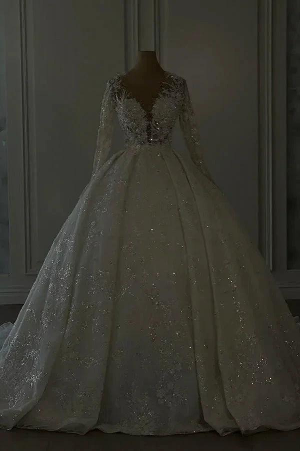 Luxurious Long Ivory A-line V-neck Lace Long Sleeves Wedding Dress with Glitter (ZD15521)