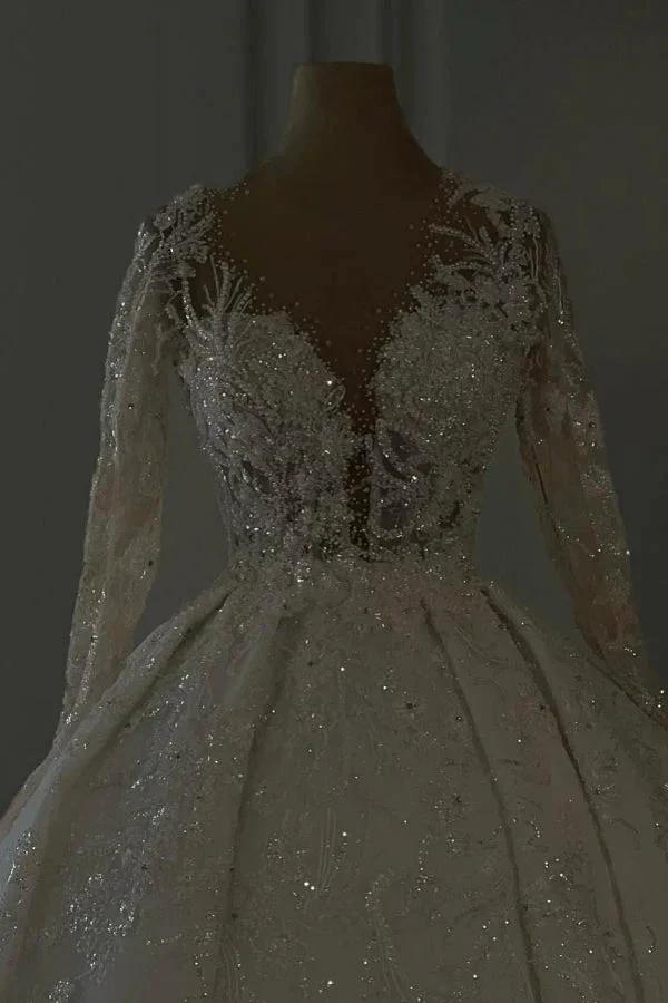 Luxurious Long Ivory A-line V-neck Lace Long Sleeves Wedding Dress with Glitter (ZD15521)