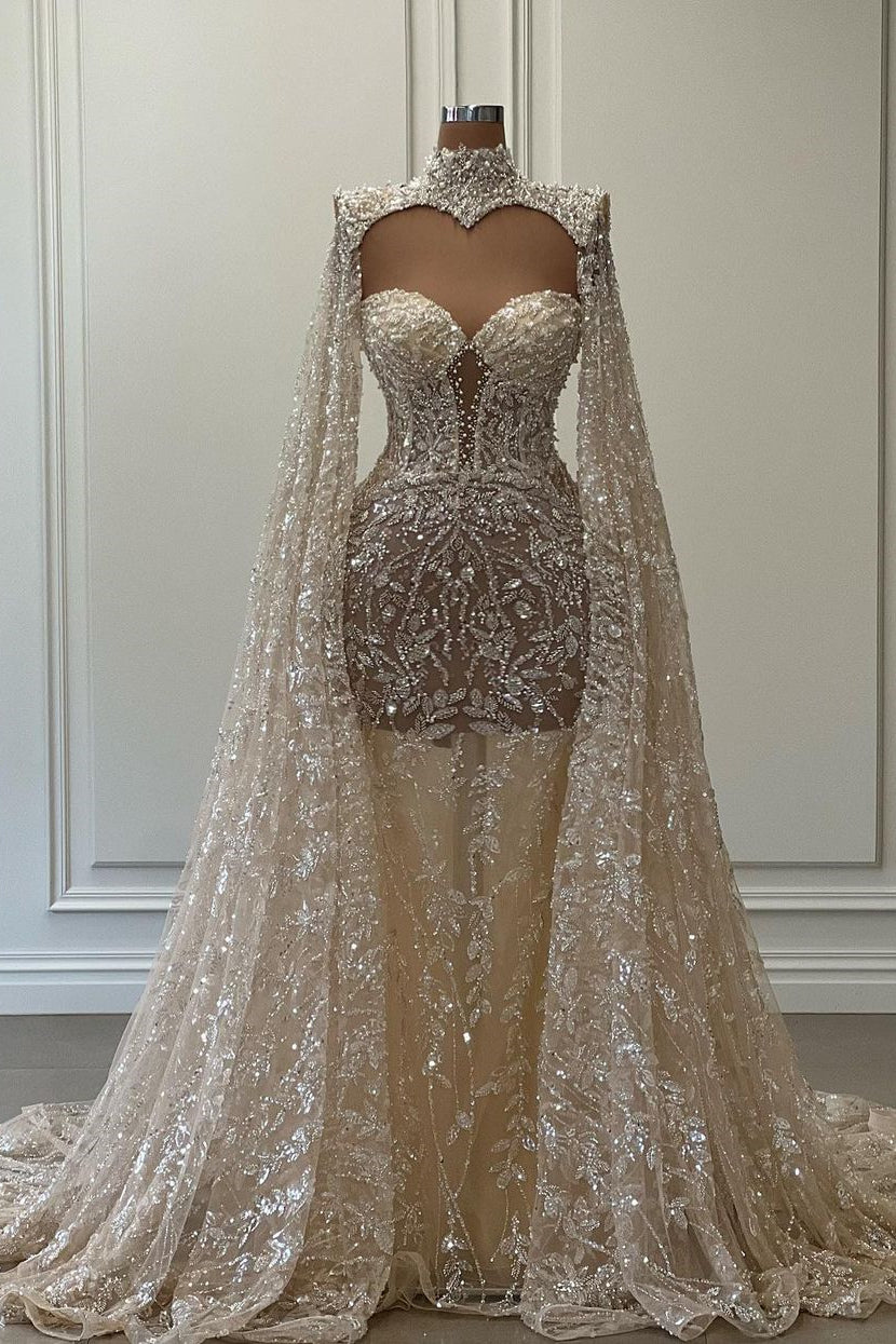 Opulent Long Mermaid High Neck Glitter Lace Prom Dress With Sleeves (ZD17480)