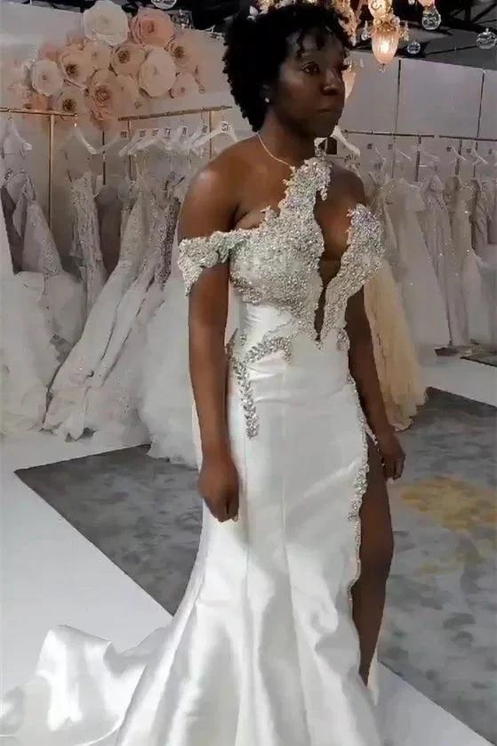 Luxurious Long Mermaid One Shoulder Satin Beading Wedding Dress With Detachable Train (ZD16719)