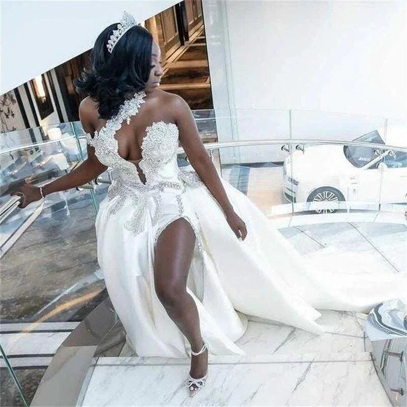 Luxurious Long Mermaid One Shoulder Satin Beading Wedding Dress With Detachable Train (ZD16719)