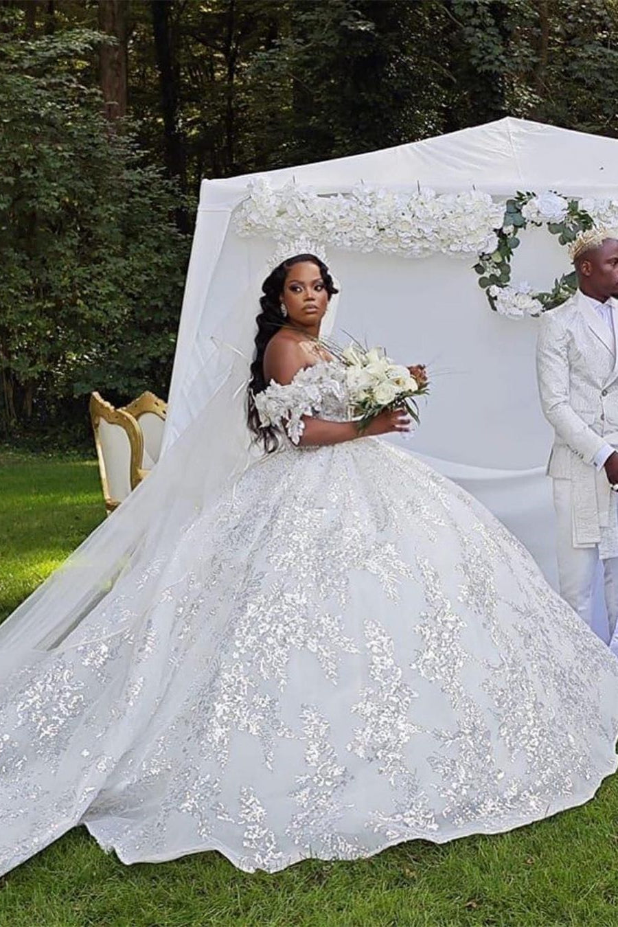 Opulent Long White A-line Off-the-shoulder Lace Sequined Wedding Gown (ZD17470)