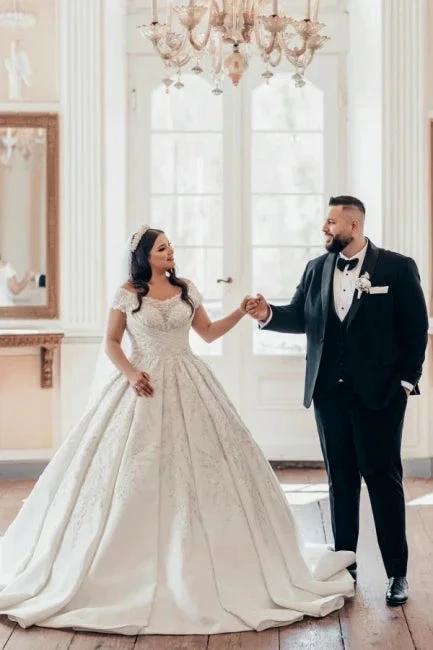 Luxurious Long White Off-the-shoulder A-line Satin Wedding Dress with Lace (ZD15551) - View 4 | VelvetHem