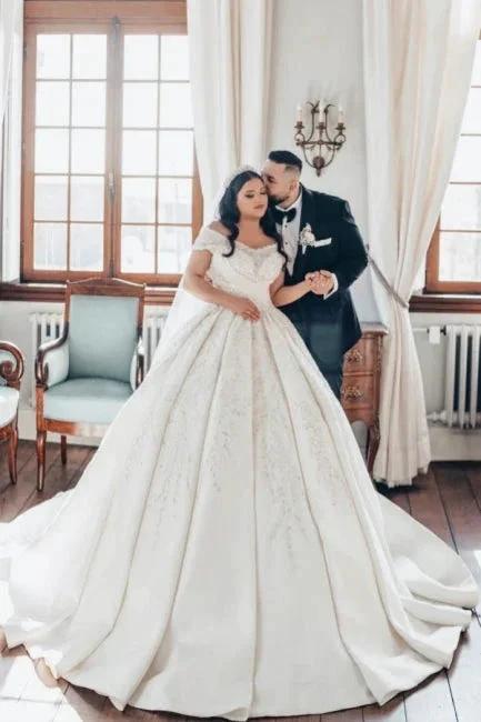 Luxurious Long White Off-the-shoulder A-line Satin Wedding Dress with Lace (ZD15551) - View 6 | VelvetHem