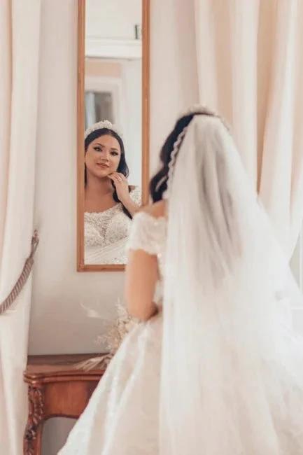 Luxurious Long White Off-the-shoulder A-line Satin Wedding Dress with Lace (ZD15551)