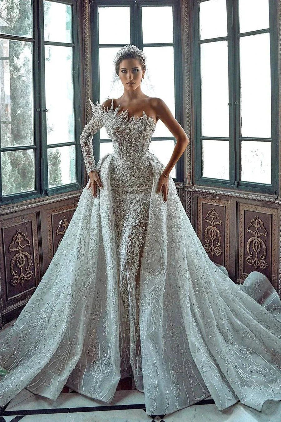 Luxurious Long White One Shoulder A-line Beading Pearls Long Sleeve Weeding Dress With Train (ZD16454)