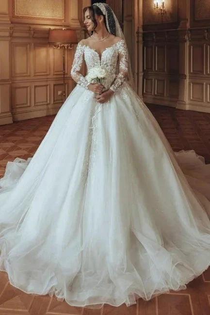 Luxurious Long White Scoop Neck A-line Tulle Lace Wedding Dress with Long Sleeves (ZD16625)