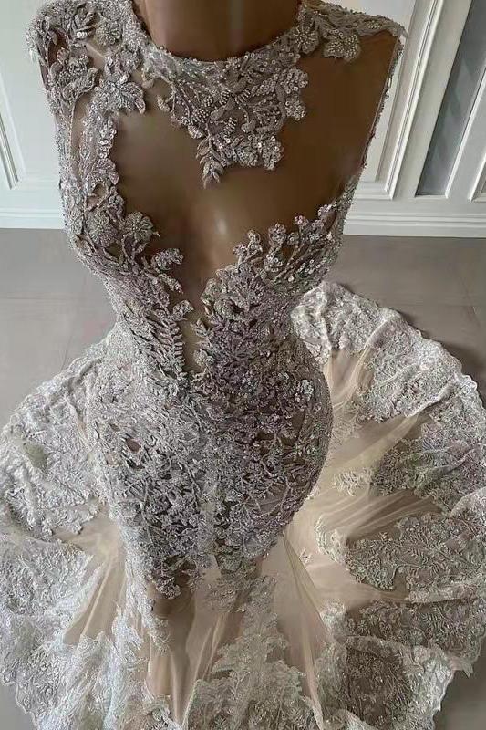 Luxurious Mermaid Lace Appliques Wedding Dress Sheer Skirt