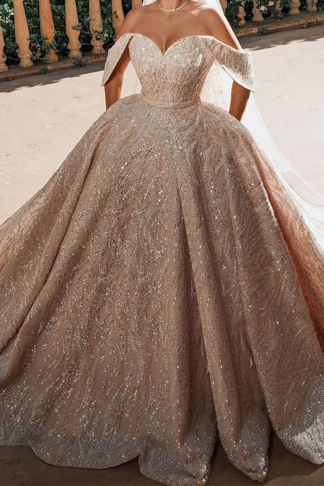 Luxurious Off-the-Shoulder Sequins Ball Gowns A-Line Satin Bridal Gowns
