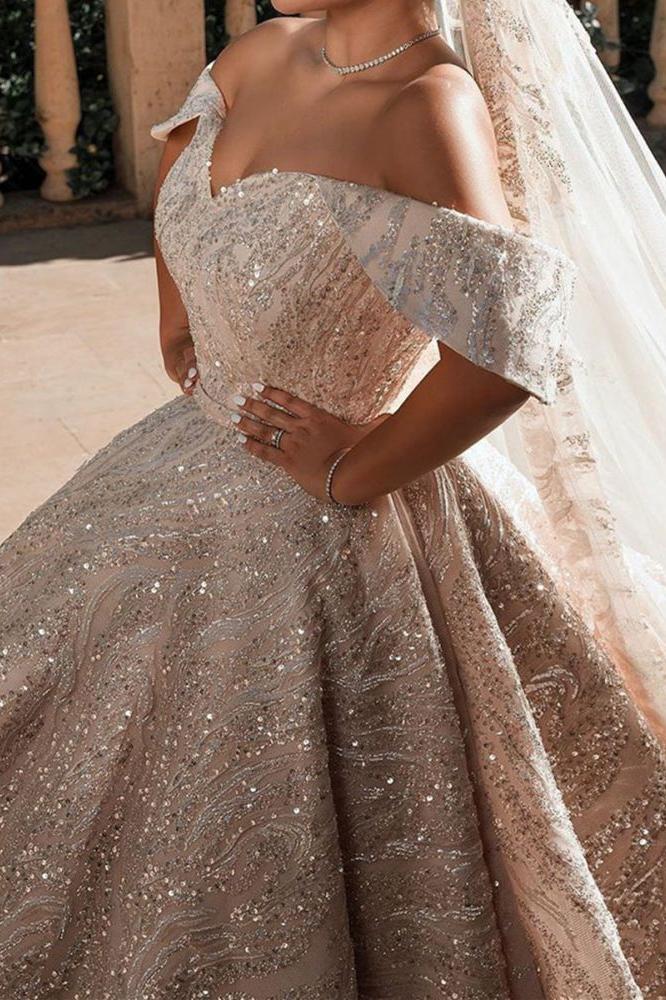 Luxurious Off-the-Shoulder Sequins Ball Gowns A-Line Satin Bridal Gowns