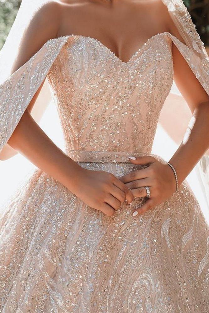 Luxurious Off-the-Shoulder Sequins Ball Gowns A-Line Satin Bridal Gowns