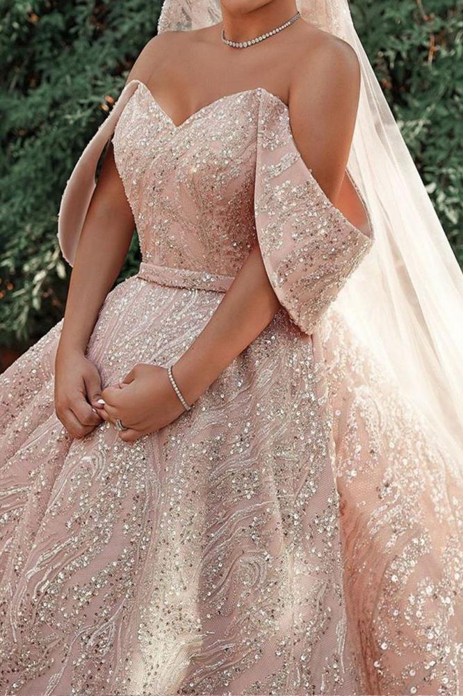 Luxurious Off-the-Shoulder Sequins Ball Gowns A-Line Satin Bridal Gowns