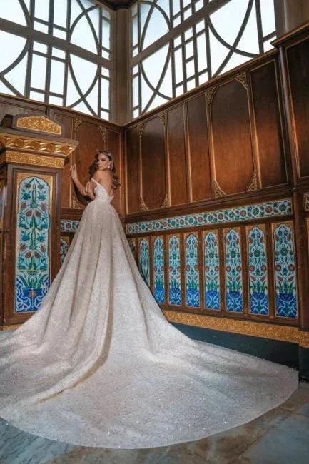 Luxurious Off-the-Shoulder Shinny Crystals Ball Gown with Front Slit Chapel Train (ZD14762)