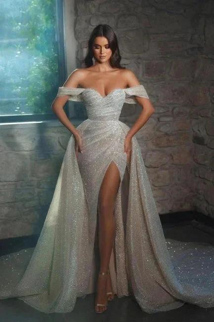 Luxurious off-the-shoulder Sleeveless A-Line Glitter Wedding Dresses With Split (ZD16446)
