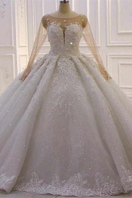 Luxurious Princess A-line Long Sleeves Flowers Lace Wedding Dress (ZD14541)