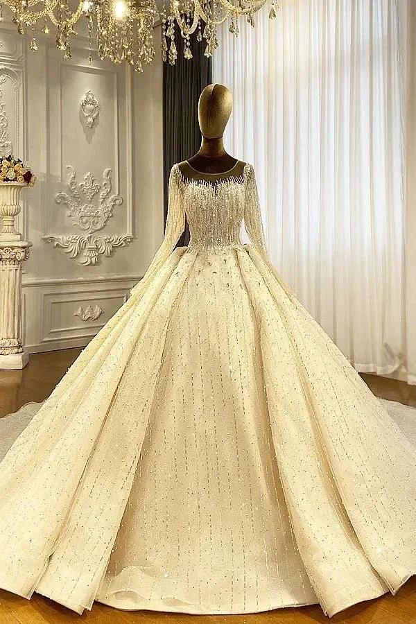 Luxurious Princess Ivory Long Sleeves A-line Wedding Dress With Beads (ZD14534)