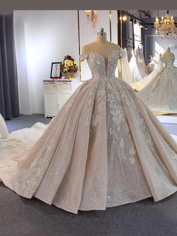Luxury Ball Gown Off-the-Shoulder Beading Wedding Dresses With Train (ZD15888)